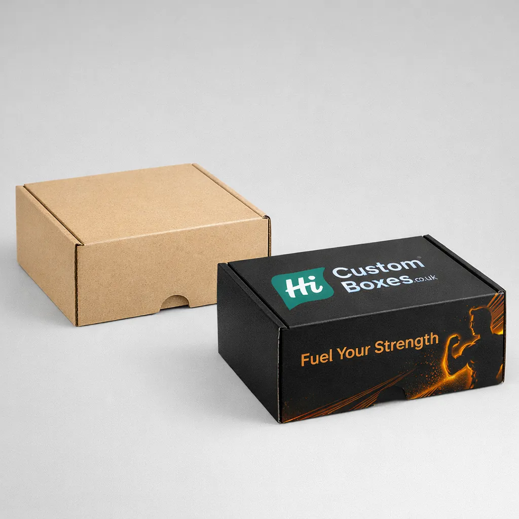 Two white sliding drawer boxes, one plain and one with blue medical-style product labelling. class=